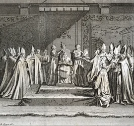 Slavnostní uvedení do pontifikátu: „Vyobrazení korunovace papeže“ (uvedení papeže do úřadu: korunovace papeže). Rytina z díla „Vyobrazení obřadů a náboženských zvyků všech národů světa“ od Bernarda Picarta (1723-1743).