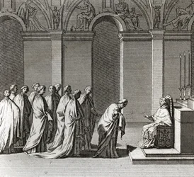 Slavnostní inaugurace pontifikátu: „“ Klanění papeže v Sixtinské kapli““ (Papežská inaugurace: Uctívání papeže v Sixtinské kapli) Rytina z „“ Ilustrace obřadů a náboženských zvyků všech národů světa““