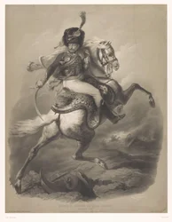 Útočný důstojník na koni Le chasseur de la garde (titul na objektu) Nové litografie se dvěma druhy křídy (název série) Nouveaux skupiny aux deux pastelky (název série na předmětu)