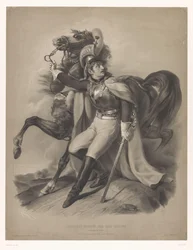 Cussier vedle svého koně Le cuirassier (název na předmětu) Nové litografie se dvěma druhy křídy (název série) Nouveaux skupiny aux deux pastelky (název série na předmětu)