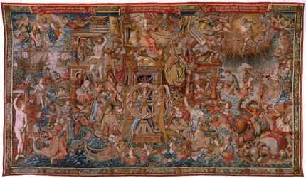 Vlámský gobelín. Seriál Vyznamenání. Fortune, cesta k vyznamenáním (La Fortuna, Camino de los Honores). Pátá tapisérie v sérii. Modelové karikaturisty z okruhu Bernarda van Orleyho a Jana Gossaerta de Mabuse. Výroba Pieter van Aelst, Brusse