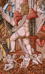 Vlámský gobelín. série The Honors; Šlechta (La Nobleza). Čtvrtá tapisérie v sérii. Modelové karikaturisty z okruhu Bernarda van Orleyho a Jana Gossaerta (Mabuse). Výroba Pieter van Aelst, Brusel. Cca 1550. Látka Zlato, stříbro, hedvábí a woo