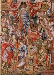 Vlámský gobelín. série The Honors; Šlechta (La Nobleza). Čtvrtá tapisérie v sérii. Modelové karikaturisty z okruhu Bernarda van Orleyho a Jana Gossaerta (Mabuse). Výroba Pieter van Aelst, Brusel. Cca 1550. Látka Zlato, stříbro, hedvábí a woo