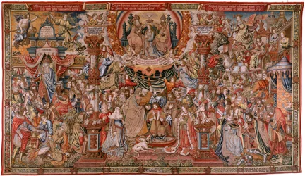 Vlámská tapisérie. Série Pocty; Šlechta (La Nobleza). Čtvrtá tapisérie ze série. Návrh kartoniérů z okruhu Bernarda van Orleyho a Jana Gossaerta (Mabuse). Manufaktura Pieter van Aelst, Brusel. Kolem roku 1550. Materiály: zlato, stříbro, hedvábí a vlna
