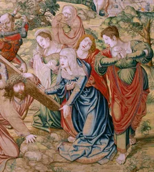 Vlámský gobelín. Seriál Umučení Krista. Padněte cestou na Kalvárii (Caída en el camino del Calvario). Druhá tapisérie v sérii. Karikaturista modelů Bernard van Orley. Výroba Pieter de Pannemaker, Brusel. Přibližně 1518-1523. Tkanina Zlatá, stříbrná,