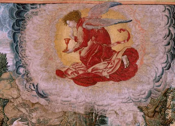 Vlámský gobelín. Seriál Umučení Krista. Kristus na hoře Olivetské. Výroba Pieter de Pannemaeker, Brusel. Karikaturista Barend van Orley. asi 1518-1522.