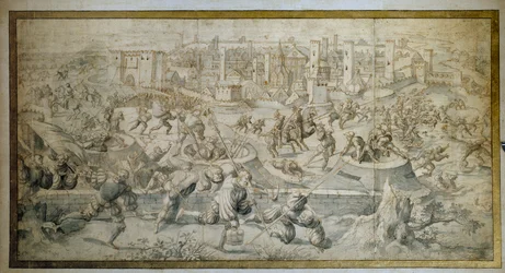 Šestá italská válka (1521-1526): „“ Bitva u Pavie dne 25. února 1525, výstup z posádky v Pavii a ze Švýcarska““ V bitvě u Pavie (Pavia) došlo k porážce Františka I. proti Karlu V. Kresba Bernard Van Horley (1488-1541) 1525 Paříž
