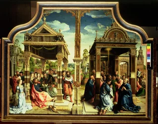 Oltářní obraz sv. Tomáše a sv. Matouše, středový panel triptychu zobrazující výjevy ze života dvou svatých včetně mučednické smrti sv. Tomáše, kolem roku 1515 (panel)
