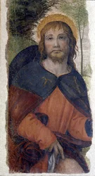 Zastoupení Saint Rocco (Roch). Freska ze školy Bernardina de Scapis známého jako Bernardino Luini (1485-1532). 16. století