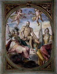 Alegorické zobrazení Cosima I, freska, Bernardino Poccetti (1548-1612). Strop Sala di Bona, palác Pitti, Florencie. Itálie