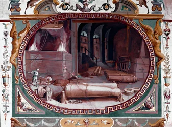 Zastoupení dílny slévárny zbraní. Freska od Bernardina Barbatelli dit Poccetti (1548-1612) Florencie, galerie Uffizi (Uffizi)