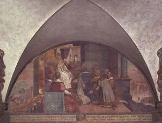 Svatý Antonín se představuje papeži Eugeniovi III. jako velvyslanec, luneta (freska)