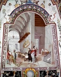 Pohled do dílny architekta. Freska od Bernardina Barbatelliho dit il Poccetti (1548-1612) Galerie Uffizi ze 17. století (kanceláře) Florencie
