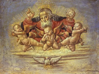 Část oltáře zobrazující Boha Otce se třemi anděly, cca 1500 (tempera na dřevě)
