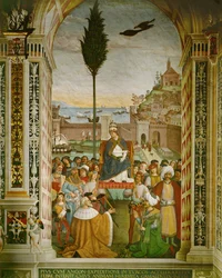 Eneáš Silvius Piccolomini, papež Pius II. v přístavu Ancona v Itálii, kde zemřel, když čekal na shromáždění křižáků (freska)