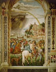 Eneáš Silvius Piccolomini, sekretář kardinála Capranica, přijíždí do Talamone na cestě na basilejský koncil (freska)