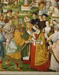 Eneáš Silvius Piccolomini, tehdejší sienský biskup, představuje císaři Fridrichu III. jeho nevěstu Eleonoru Portugalskou (freska)