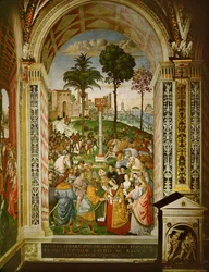 Eneáš Silvius Piccolomini, tehdejší sienský biskup, představuje císaři Fridrichu III. jeho nevěstu Eleonoru Portugalskou (freska)