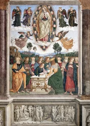 Nanebevzetí Panny Marie - Panna je zobrazena v mandorle - Freska od Pinturicchia (Bernardino di Betto) (1454-1513), 1484-1492, Řím, bazilika Santa Maria del Popolo, kaple Basso della Rovere, Itálie
