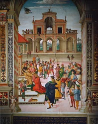 Enea Silvio korunovaný básníkem císařem Fredericem III., Siena, Duomo, Piccolomini Library