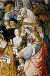 Enee Silvio Piccolomini představuje Eleonoru Portugalskou císaři Fridrichu III. Svaté říše u Camollia Gate v Sieně, detail (freska)