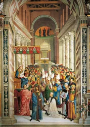 Itálie, Siena, katedrála, Piccolominiho knihovna, Korunovace papeže Pia II., detail z Příběhů Pia II.