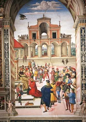 Itálie, Siena, katedrála, knihovna Piccolomini, Enea Silvio Piccolomini, kterého císař Fridrich III. učinil laureátem básníka, detail z Příběhů Pia II.