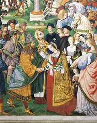 Itálie, Siena, katedrála, Piccolominiho knihovna, Enea Silvio Piccolomini, sienský biskup, přítomný při korunovaci Fridricha III. a Eleonory Aragonské, detail z Příběhů Pia II.