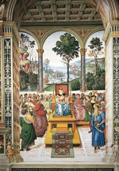 Itálie, Siena, katedrála, knihovna Piccolomini, Enea Silvio Piccolomini pronáší řeč před skotským králem Jakubem I., detail z Příběhů Pia II.