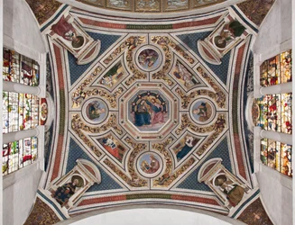 „Korunování Panny Marie“, „Čtyři evangelisté“, „Sibyly“ a „Učitelé církve“. Klenba chóru, 1508-1510. Bazilika Santa Maria del Popolo (kostel Santa Maria del Popolo)