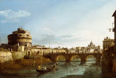 Pohled na Řím hledící na západ, s loděmi podél Tibery a Castel Saint"Angelo v dálce,