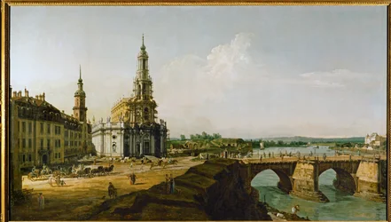 Drážďany, Německo, pohled z levého břehu Labe nad Altstaedter Brueckenkopf (olej na plátně)