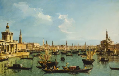 Bacino di San Marco, Benátky, od kanálu Giudecca s Doganou, Molo, Riva degli Schiavoni, kostel San Giorgio Maggiore a četné lodě,