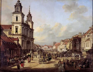 Pohled na ulici Krakowskie z ulice Nowyswiat ve Varšavě v roce 1778 Obraz Bernarda Bellotta (1720-1780) 1778 Varšava, Národní muzeum