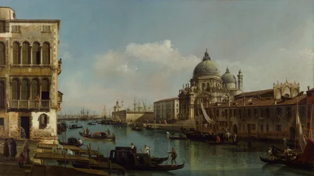 Pohled na Velký kanál: Santa Maria della Salute a Dogana z Campo Santa Maria Zobenigo, asi 1743 (olej na plátně).