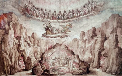 Projekt pro výzdobu a strojní zařízení meziproduktu, Le Tromphe de Circe. Kresba Bernardo Buontalenti dit delle Girandole (asi 1523-1608) Ne. 0,46x0,72 m. Paříž, muzeum Louvre