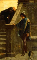 Minstrel, Bernardo Celentano (1835-1863), olej na plátně, 63x46 cm, Palazzo San Giacomo, Neapol.