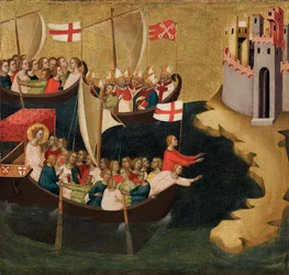 Příjezd svaté Ursuly do Kolína nad Rýnem, kolem roku 1333 (tempera a plátkové zlato na panelu)
