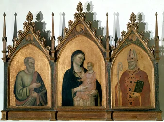 Triptych Všech svatých aneb Madona s dítětem mezi svatým Matoušem Evangelistou a svatým Mikulášem z Bari - Tempera na panelu