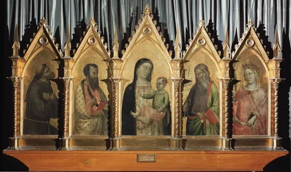 Panna a dítě se svatými Františkem, Bartolomějem, svatým Janem a svatou Kateřinou Alexandrijskou - tempera na panelu