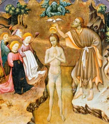 Křest Krista, detail z predely oltářního obrazu z katedrály Vic, od Bernata Martorella (asi 1400-1452), malovaný na dřevě. Katalánské gotické umění.