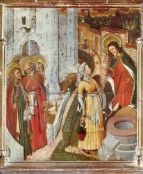 Ježíš a Samaritánka, detail z oltářního obrazu Proměnění Páně, cca 1445 (malba na dřevě)
