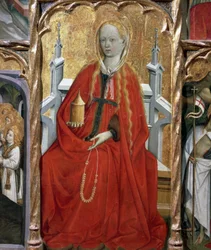 Marie Magdaleny, detail z oltářního obrazu sv. Máří Magdalény (1437-1452), od Bernata Martorella (asi 1400-1452), malovaný na dřevě. Katalánské gotické umění.