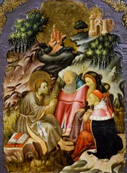 Kázání Jana Křtitele, detail z predely oltářního obrazu z katedrály Vic, od Bernata Martorella (asi 1400-1452), malovaný na dřevě. Katalánské gotické umění.