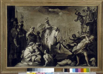 Konstantin (Konstantin I., Caius Flavius ​​​​Valerius Aurelius Constantinus, římský císař zemřel 337) rozvracející modly. (marouflový papír na plátně)