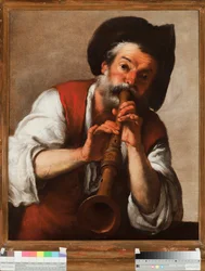 Il pifferaio (Flétnista) (Dýmkař) Obraz Bernarda Strozziho (1581-1644) Genes ze 17. století, Musei di Strada Nuova (ex Palazzo Rosso)