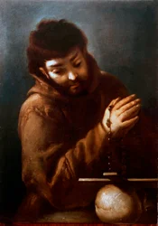 Reprezentace svatého Františka z Assisi uctívajícího krucifix Obraz Bernarda Strozziho (1581-1644) 17. století Soukromá sbírka