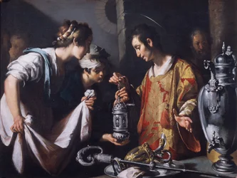 Svatý Vavřinec rozděluje bohatství kostela, asi 1625 (olej na plátně)