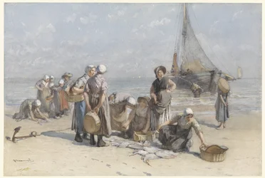 Fishwives na pláži v Scheveningen Rybářky na pláži Scheveningen