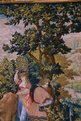 Vlámský gobelín. Seriál Založení Říma: Faustulus se setkává s Romulem a Remem. Karikaturista Barend van Orley (?). bruselská výroba. 1525-1530. Detail.